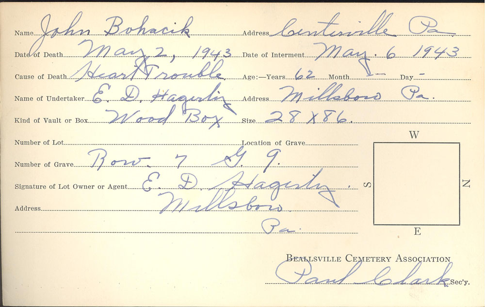 John Bohacik burial card
